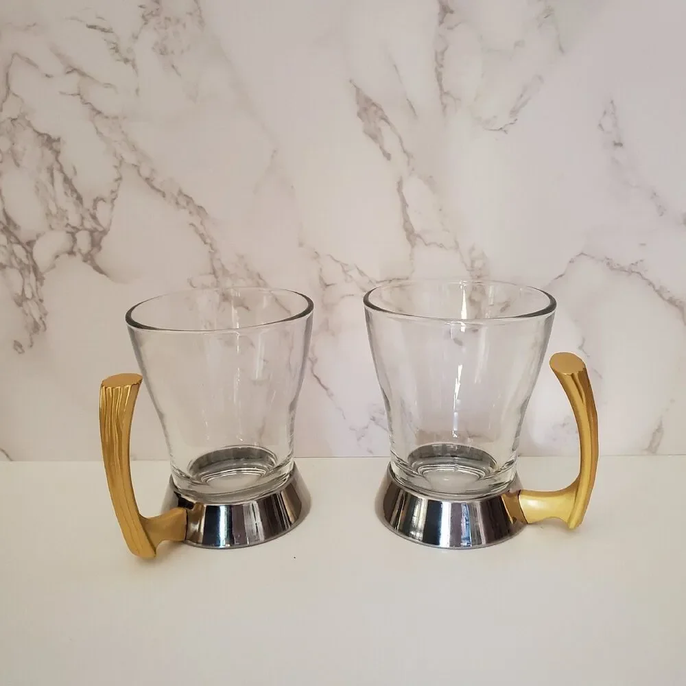 Gold & Stainless Silver MCM Glass Cups Coffee Teacups, Set of 2